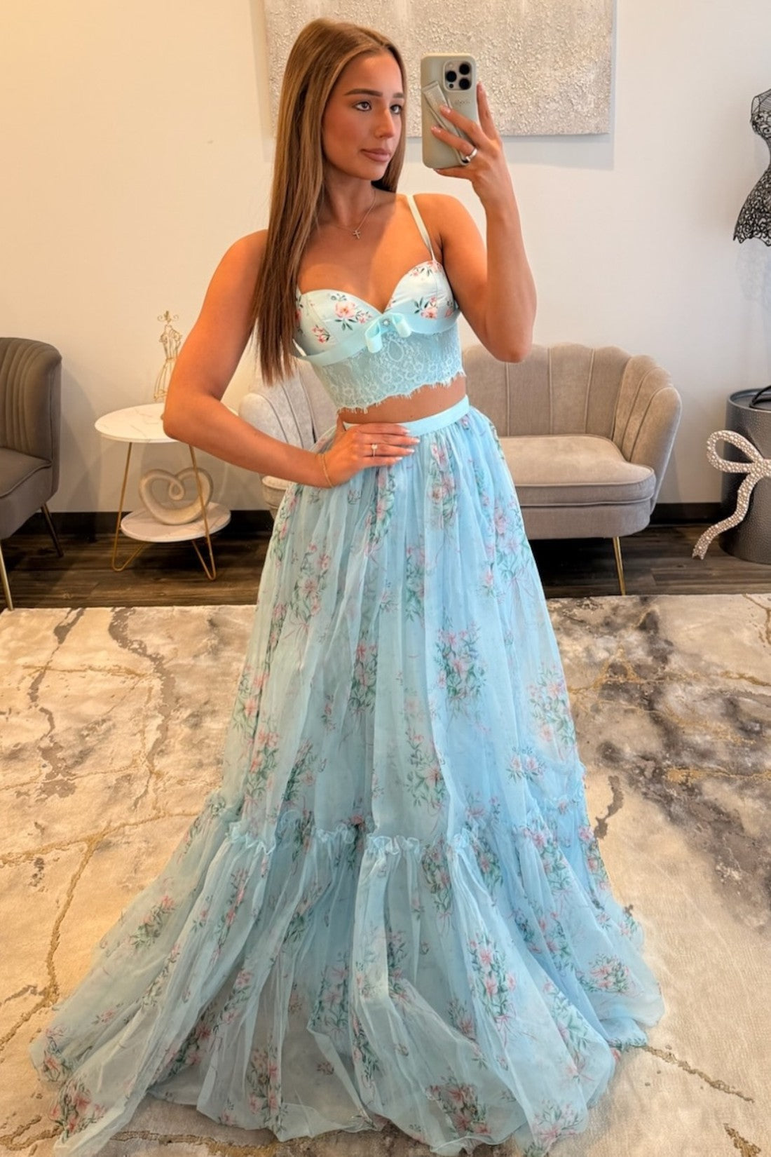 Spaghetti Strap Sweetheart Neck Floral Print Prom Dress Tulle Two-Piece Maxi Dress with Lace Corset