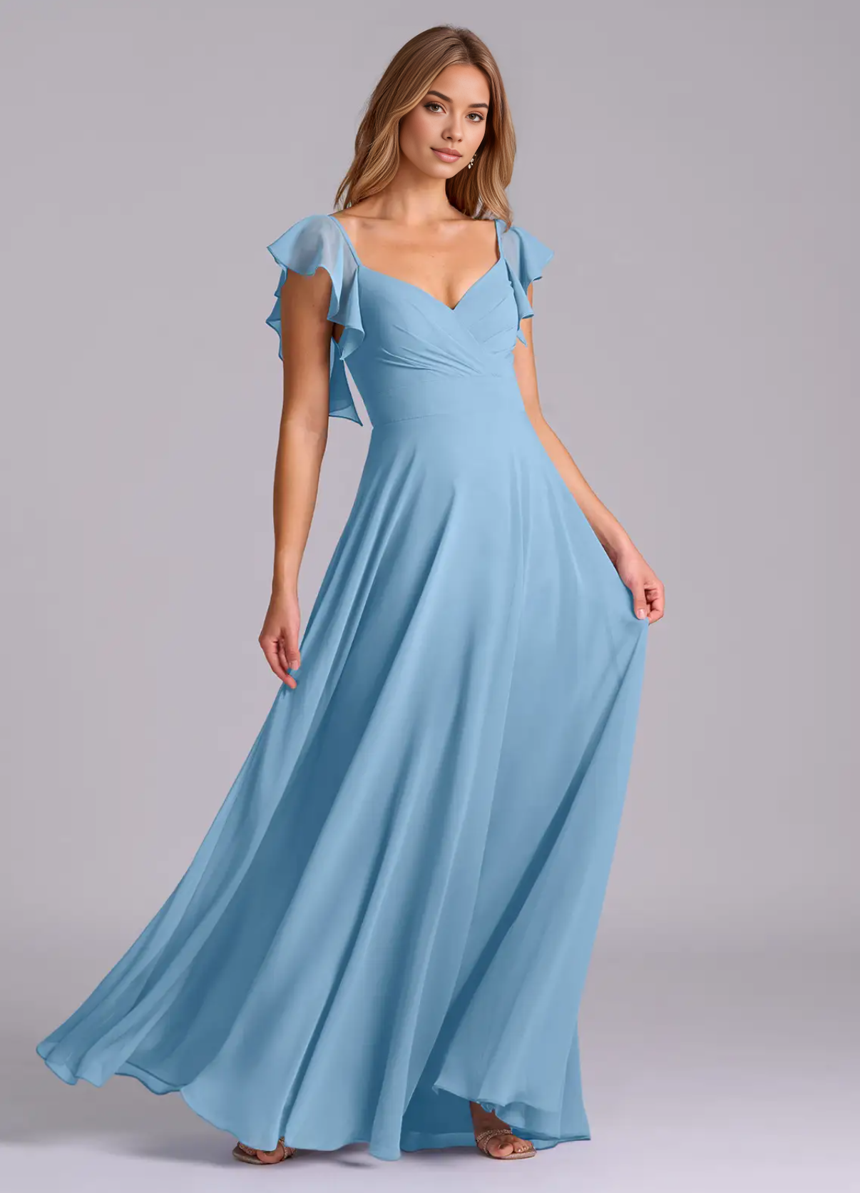 Women's Formal Dress A-Line Sleeveless Deep V-Neck Gown with Pleated Chiffon Bridesmaid Dresses