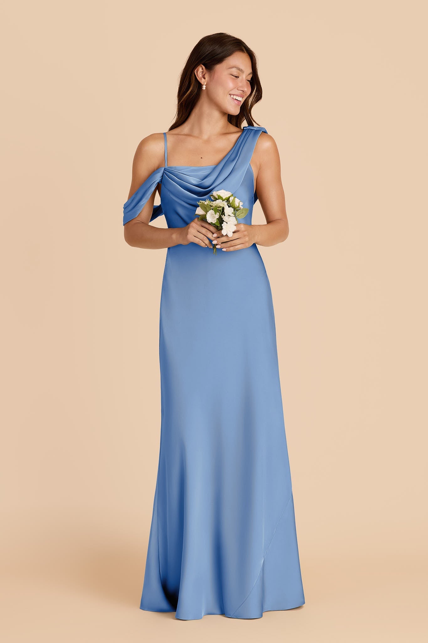 Women's Asymmetrical One-Shoulder Satin Maxi Dress with Draped Bodice Formal Evening Gown