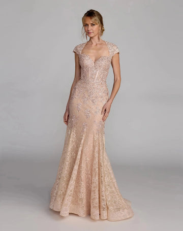 Vedress blush lace mermaid mother of the bride dress with cap sleeves and open cutout back