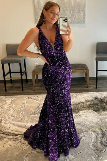 Blush Iridescent Sequin Mermaid Deep V Spaghetti Strap Backless Maxi Prom Gown