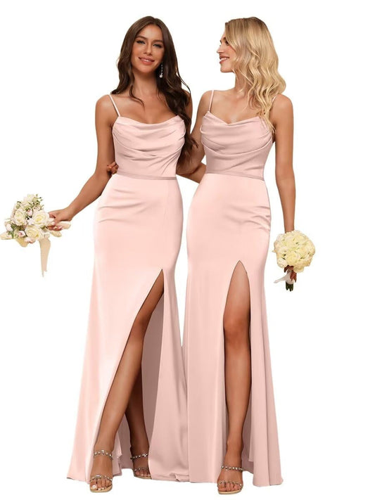 Sheath/Column Spaghetti Straps Sleeveless Satin Floor Length Bridesmaid Dresses Gown with Ruffles Split