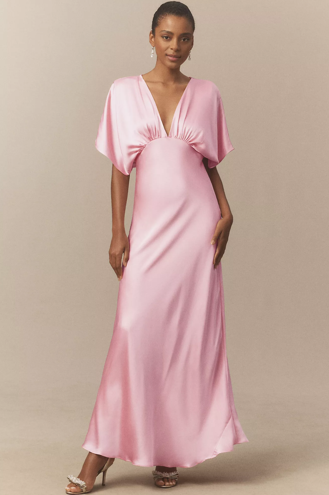 Women's Elegant V-Neck Satin Charmeuse Maxi Dress Short Sleeves Party Wedding Guest Bridesmaid Dresses