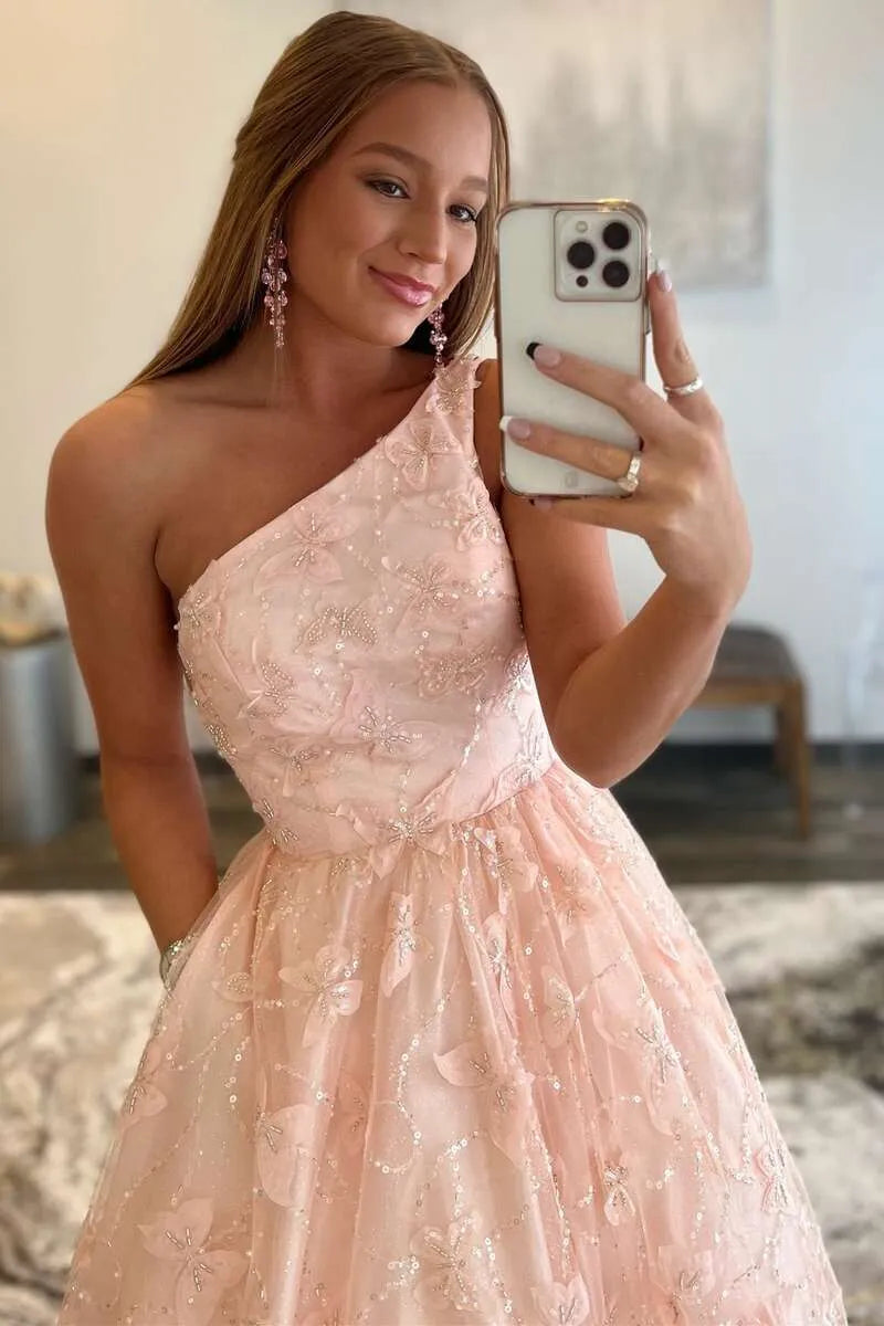 Blush Pink Lace A-Line One Shoulder Sleeveless Backless Maxi Prom Gown