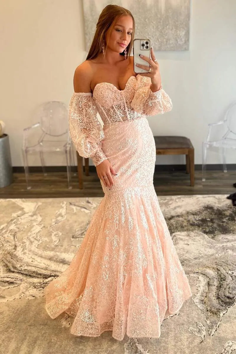 Vestido de fiesta de corte sirena rosa rubor de encaje con hombros descubiertos