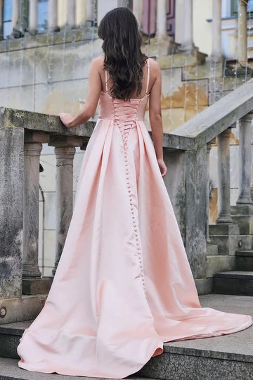 Blush Pink Satin A-Line Cowl Neck Spaghetti Strap Prom Gown