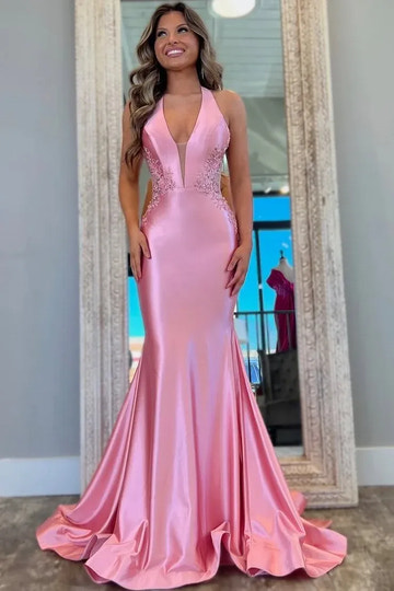Vestido de Fiesta Largo de Satén Rosa Rubor con Cuello Halter y Espalda Descubierta