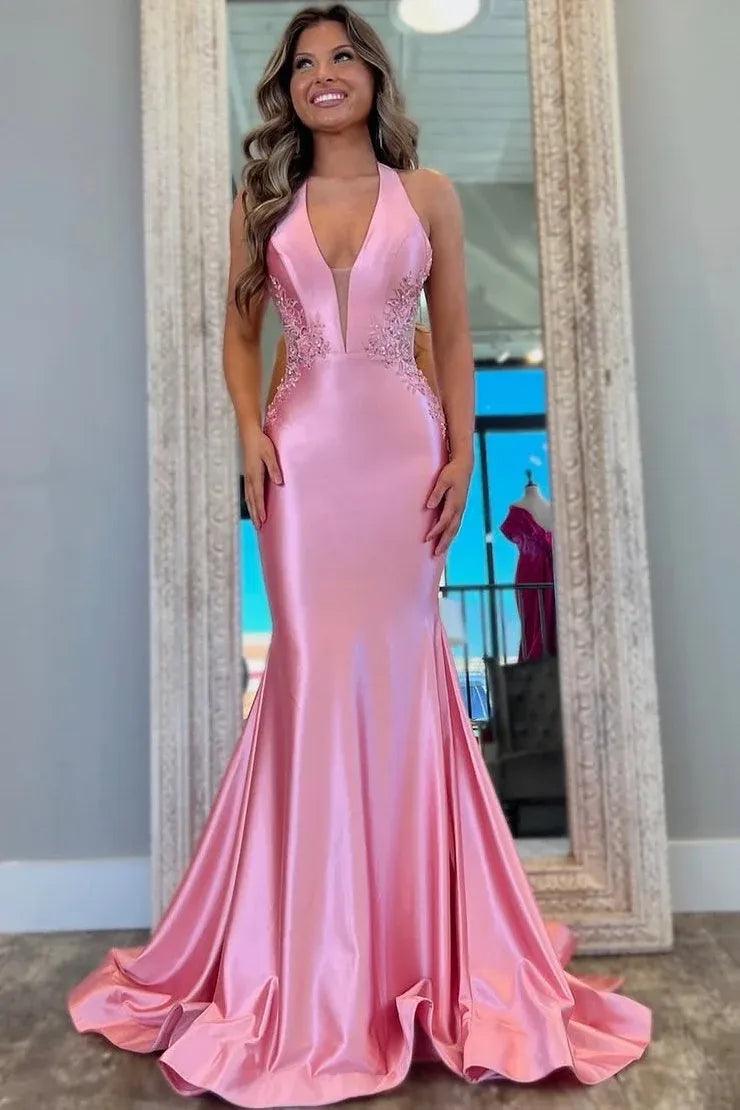 Vestido de Fiesta Largo de Satén Rosa Rubor con Cuello Halter y Espalda Descubierta