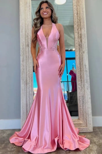Blush Pink Satin Mermaid Halter Neck Backless Prom Gown