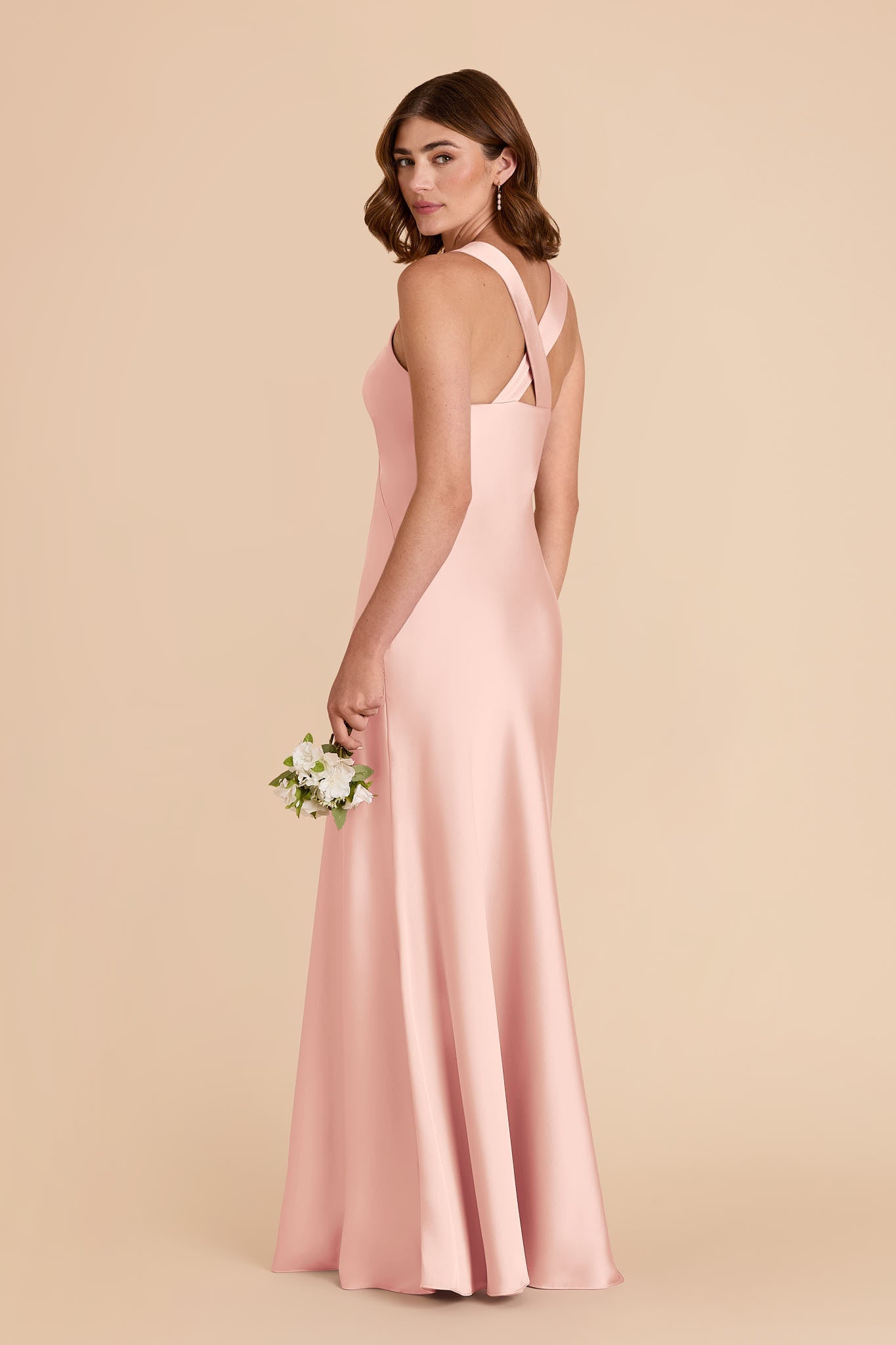 Women's Satin V-Neck Bridesmaid Dresses Maxi Dress with Crisscross Back Straps & Ruched Bust Formal Evening Gown