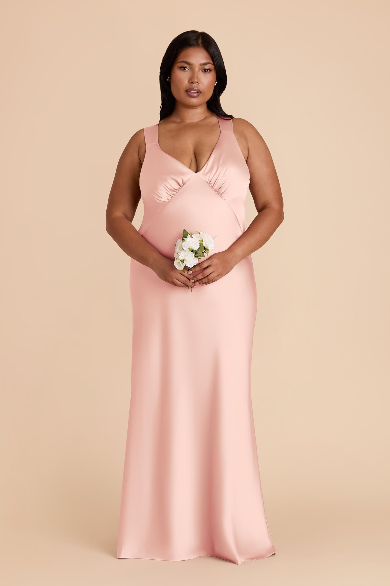 Women's Satin V-Neck Bridesmaid Dresses Maxi Dress with Crisscross Back Straps & Ruched Bust Formal Evening Gown