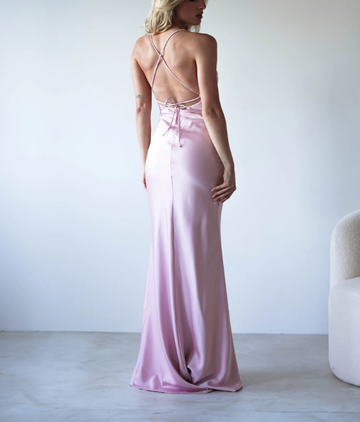 Women's Mermaid Satin Spaghetti Strap Maxi Party Wedding Guest Dresses Bridesmaid Dresses with High Slit