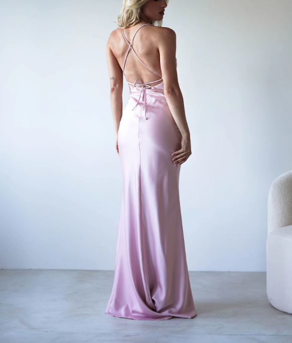 Women's Mermaid Satin Spaghetti Strap Maxi Party Wedding Guest Dresses Bridesmaid Dresses with High Slit