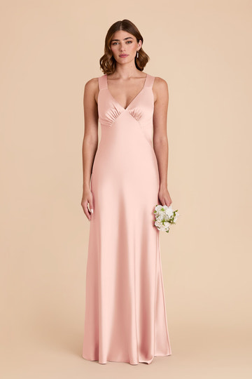 Women's Satin V-Neck Bridesmaid Dresses Maxi Dress with Crisscross Back Straps & Ruched Bust Formal Evening Gown