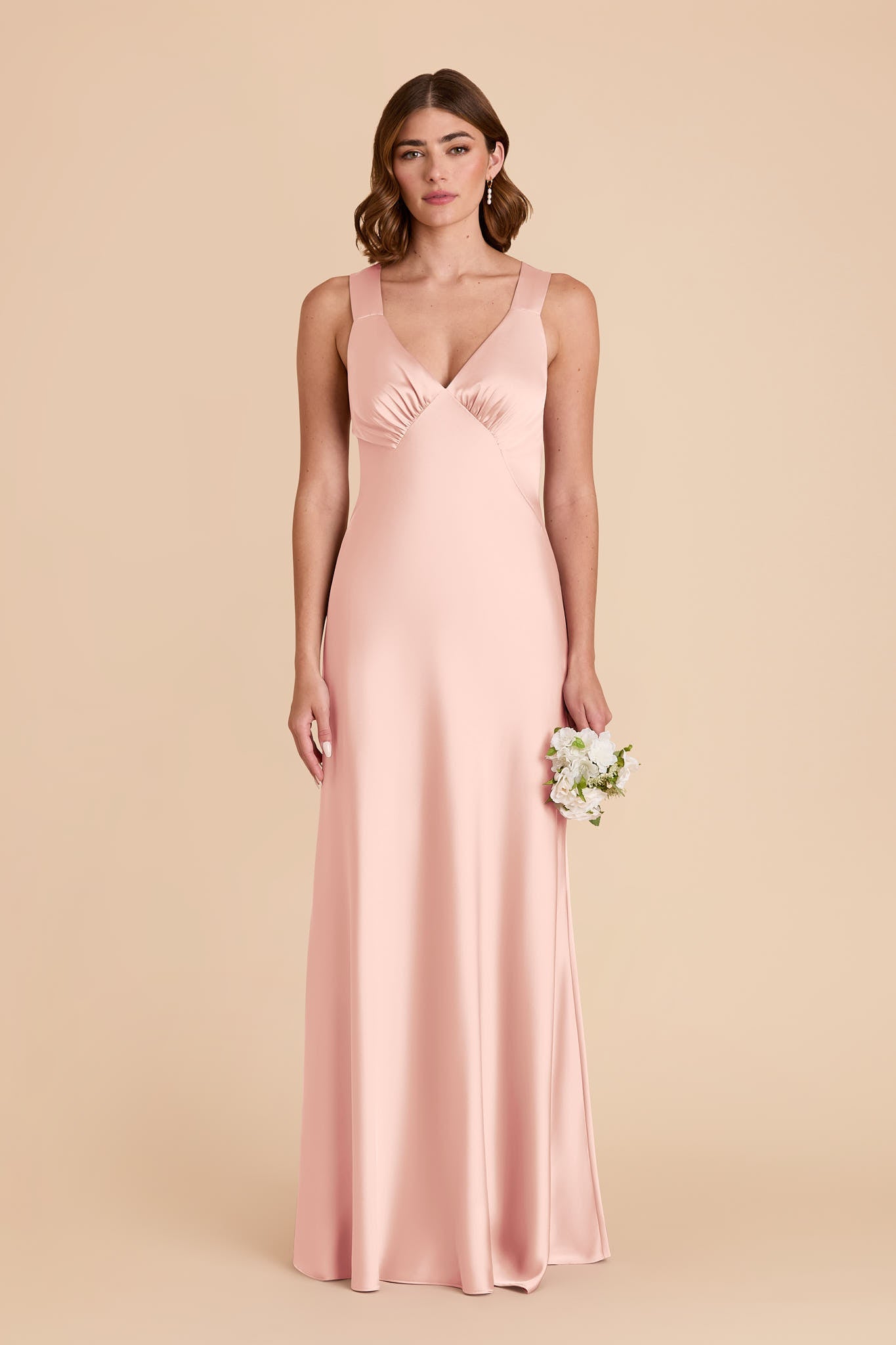 Women's Satin V-Neck Bridesmaid Dresses Maxi Dress with Crisscross Back Straps & Ruched Bust Formal Evening Gown