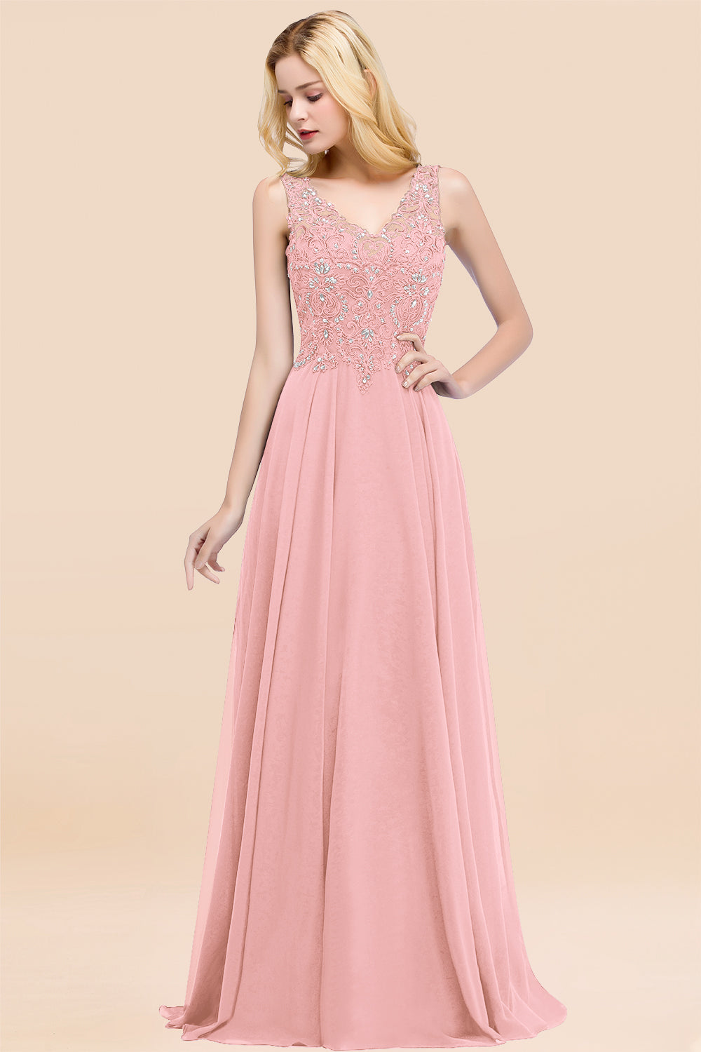 A-line V Neck Sleeveless Chiffon Applique Lace Floor Length Bridesmaid Dresses