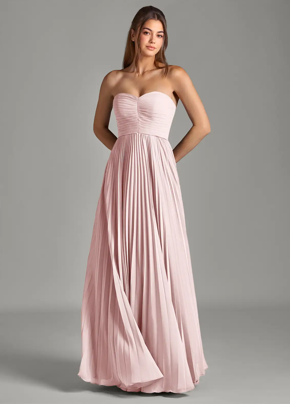 A-Line Strapless Chiffon Dress Elegant Strapless Pleated Bodice Gown with Full Flowing Formal Evening Gown
