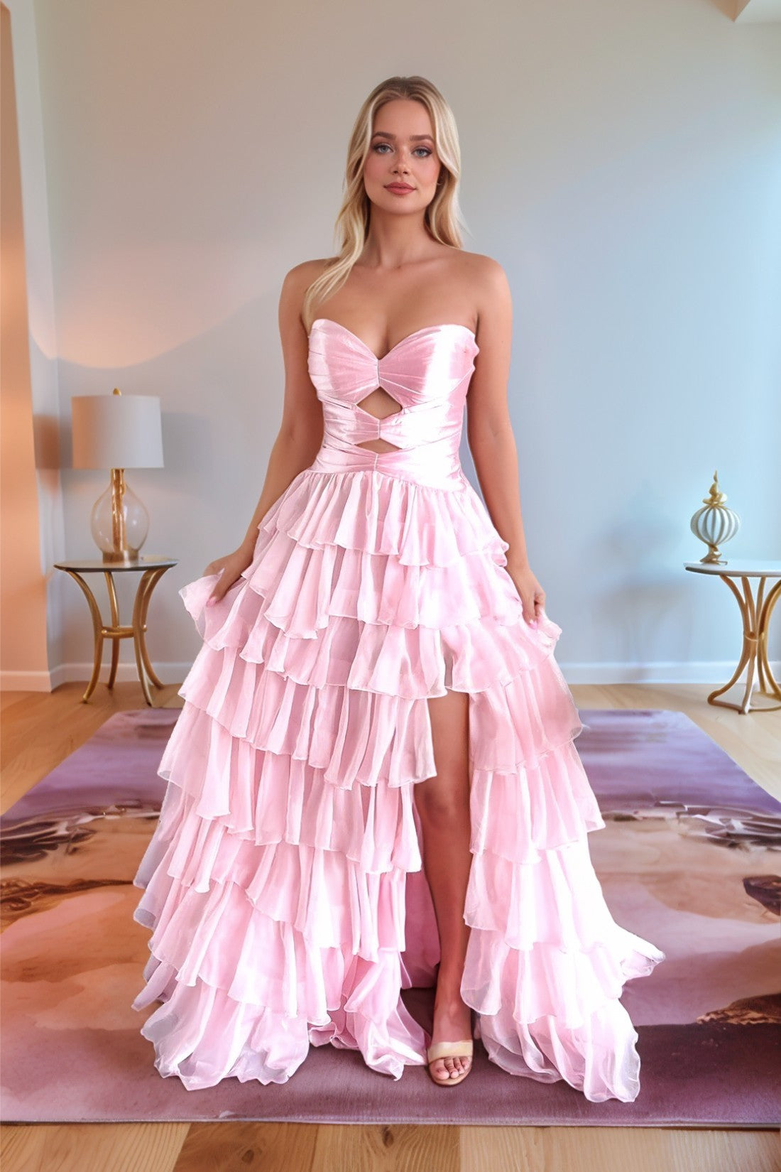 Vestido de fiesta largo sin tirantes escote corazón con abertura escalonada y corte en A de gasa con abertura alta formal para noche