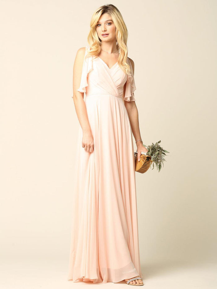 Women's V-Neck Chiffon Flutter Sleeve Ruffle Maxi Dress Long Formal Bridesmaids Dress