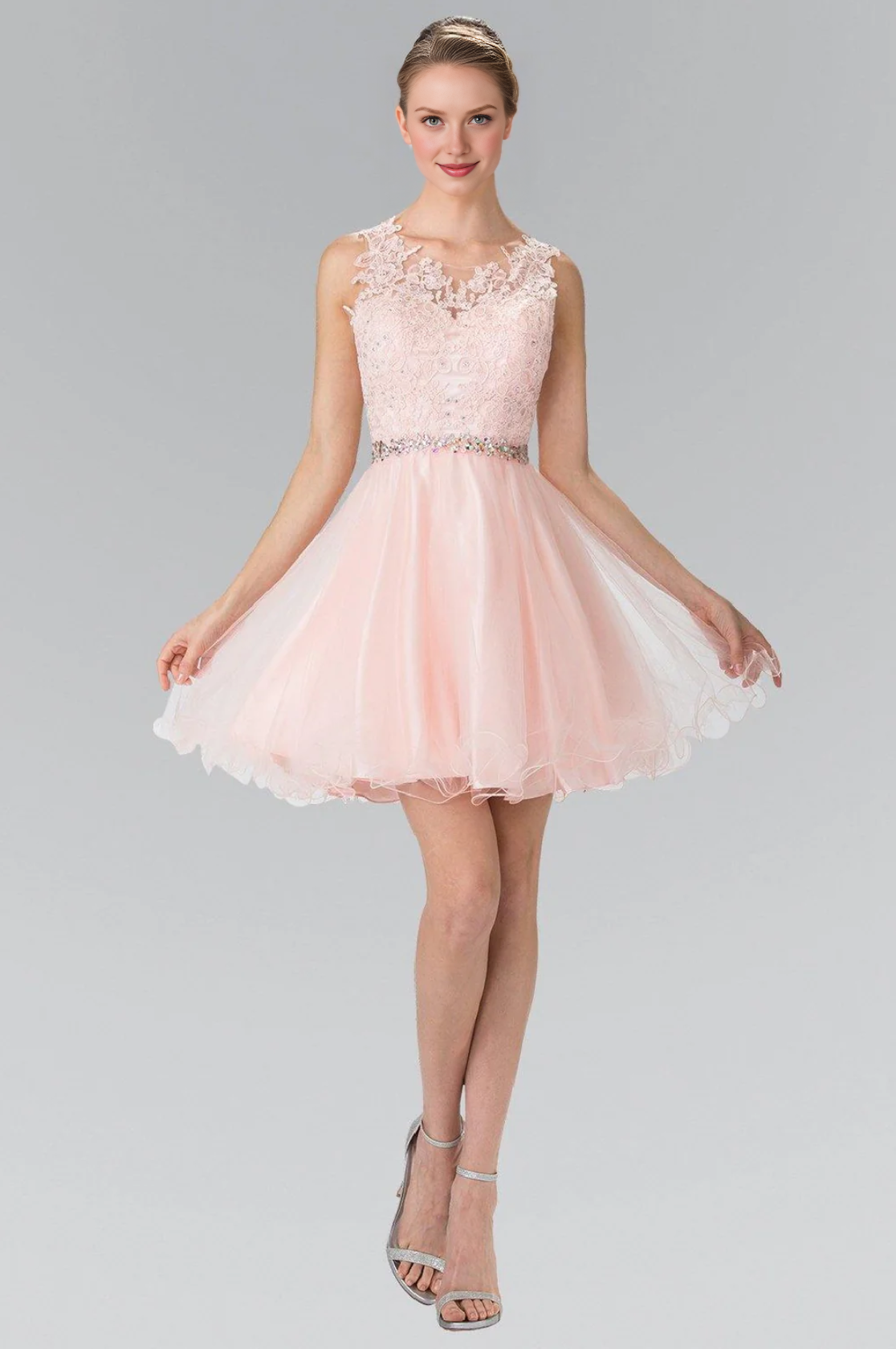 Elegant Lace Applique Tulle Scoop Neck Sleeveless Open Back Short Formal A Line Short Cocktail Dress