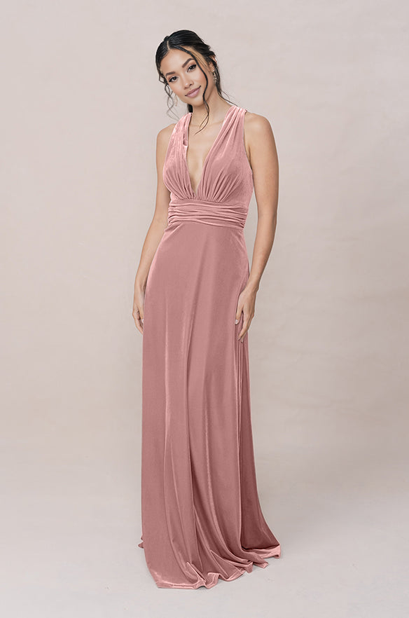 Women's Velvet Deep V-Neck Floor length Bridesmaid Dress with Crisscross Low Back Versatile for Formal Weddings