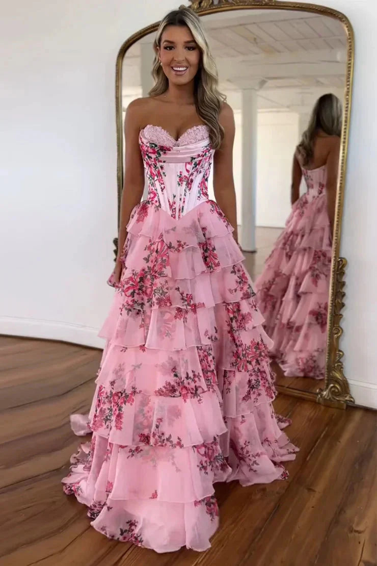 Elegant Floral Tulle A-Line Strapless Corset Ruffle Slit Prom Dres