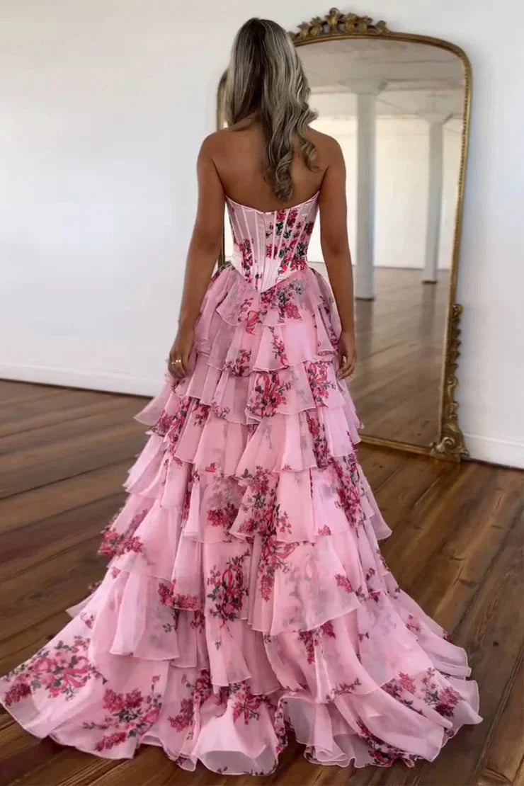 Elegant Floral Tulle A-Line Strapless Corset Ruffle Slit Prom Dres