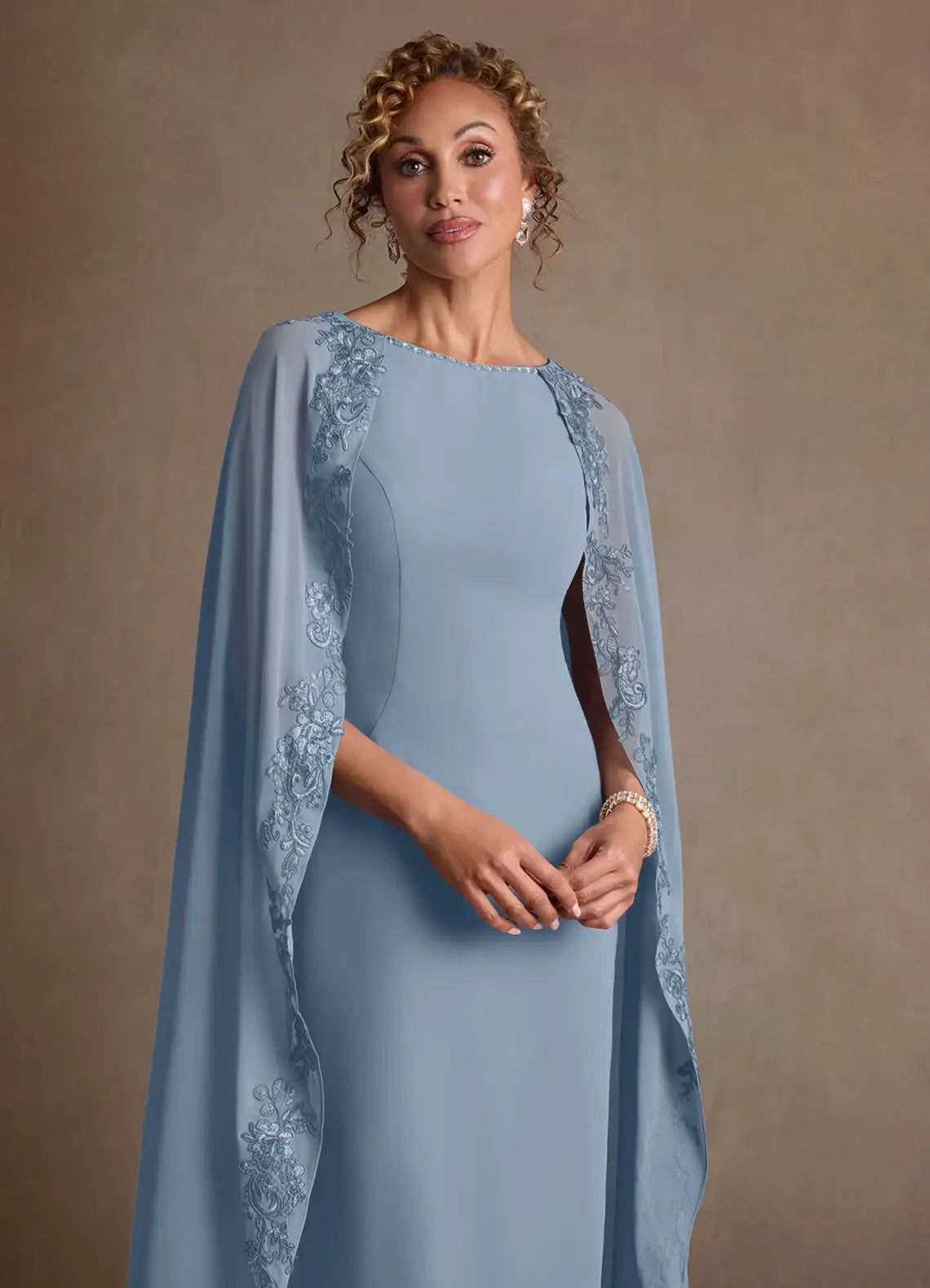 Elegant Sheath Boat Neck Chiffon Maxi Cape Sleeve Formal Mother of the Bride Dress