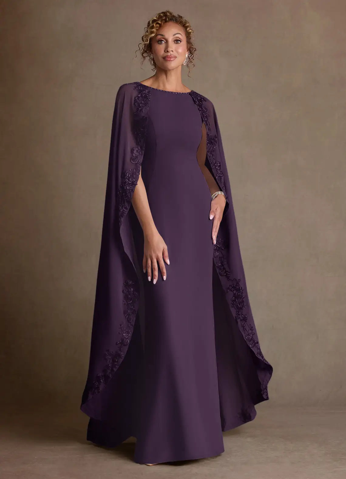 Elegant Sheath Boat Neck Chiffon Maxi Cape Sleeve Formal Mother of the Bride Dress