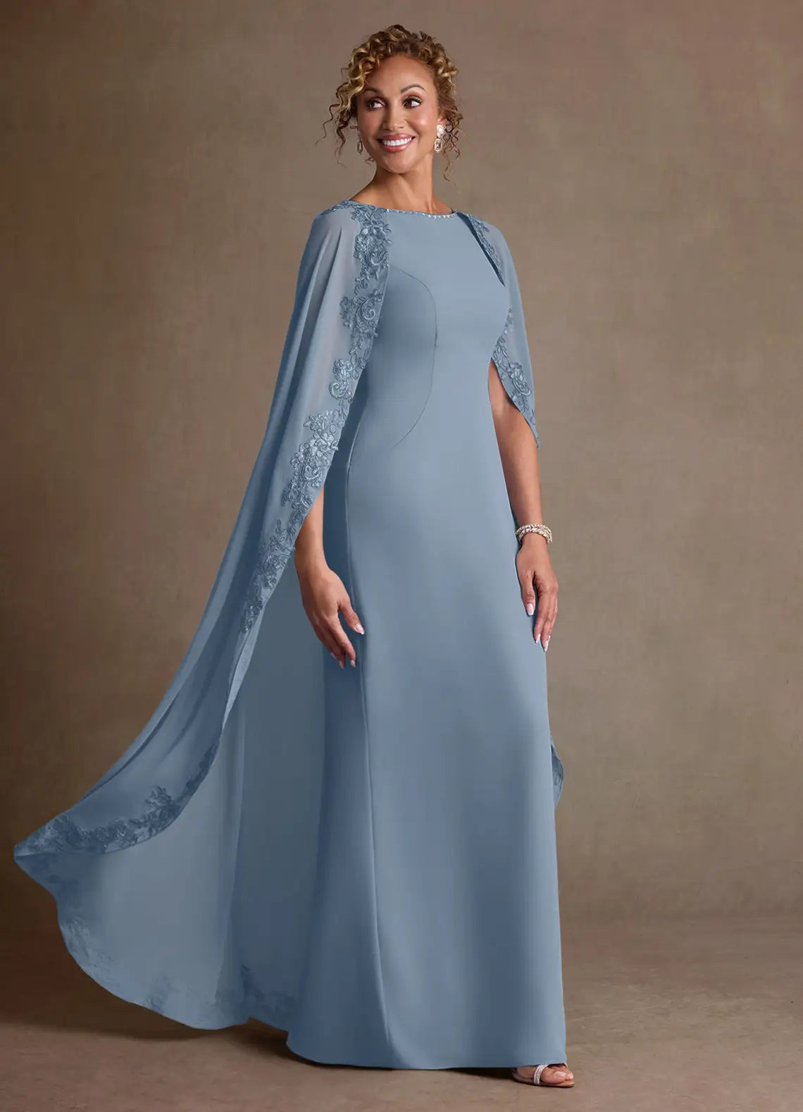 Elegant Sheath Boat Neck Chiffon Maxi Cape Sleeve Formal Mother of the Bride Dress