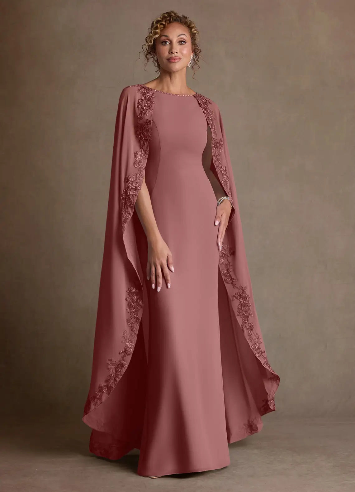 Elegant Sheath Boat Neck Chiffon Maxi Cape Sleeve Formal Mother of the Bride Dress