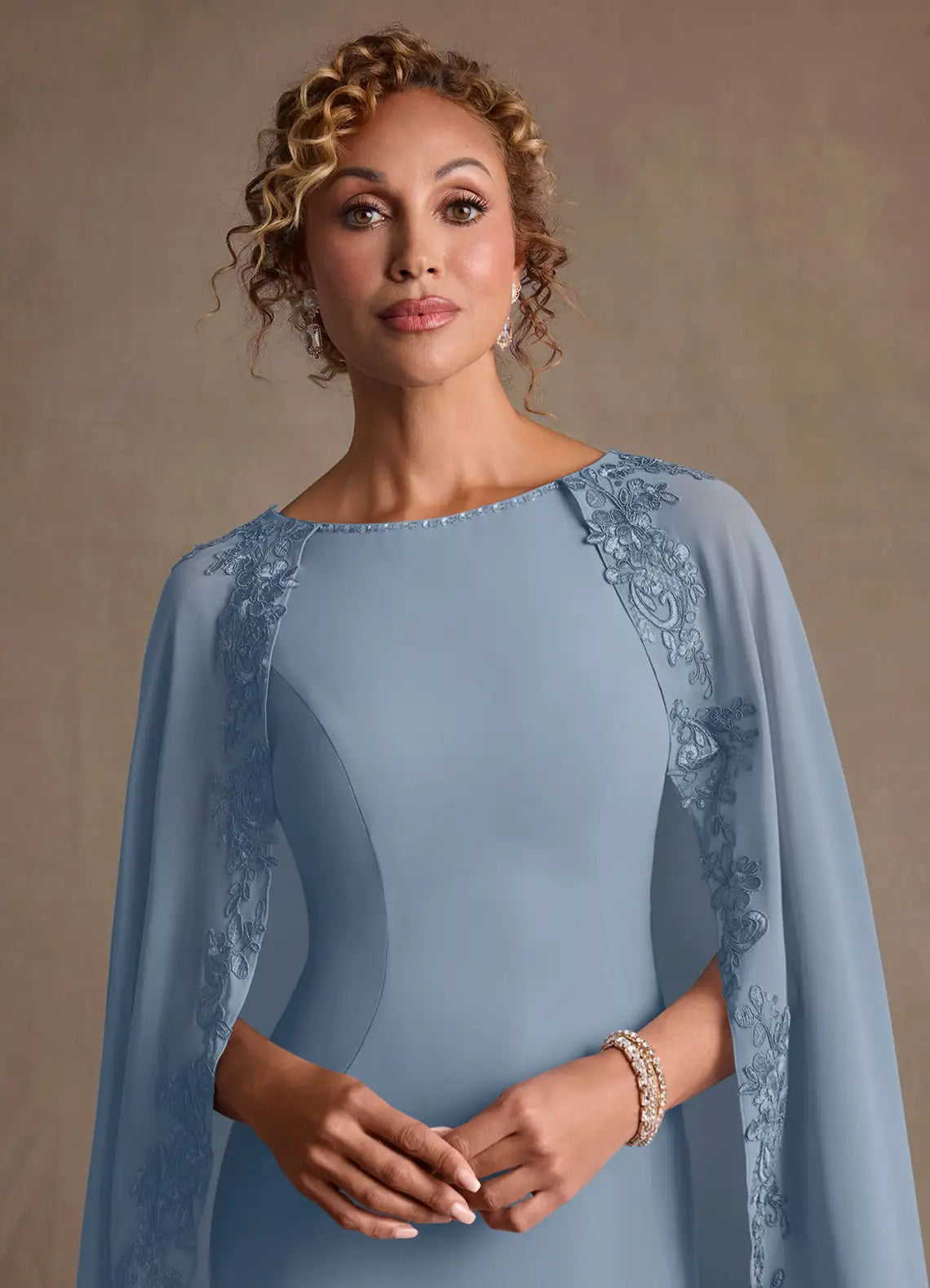 Elegant Sheath Boat Neck Chiffon Maxi Cape Sleeve Formal Mother of the Bride Dress