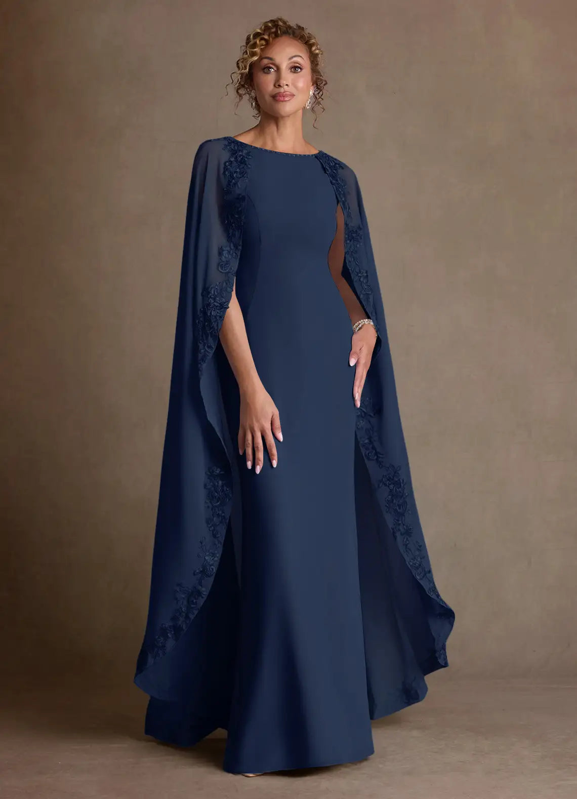 Elegant Sheath Boat Neck Chiffon Maxi Cape Sleeve Formal Mother of the Bride Dress