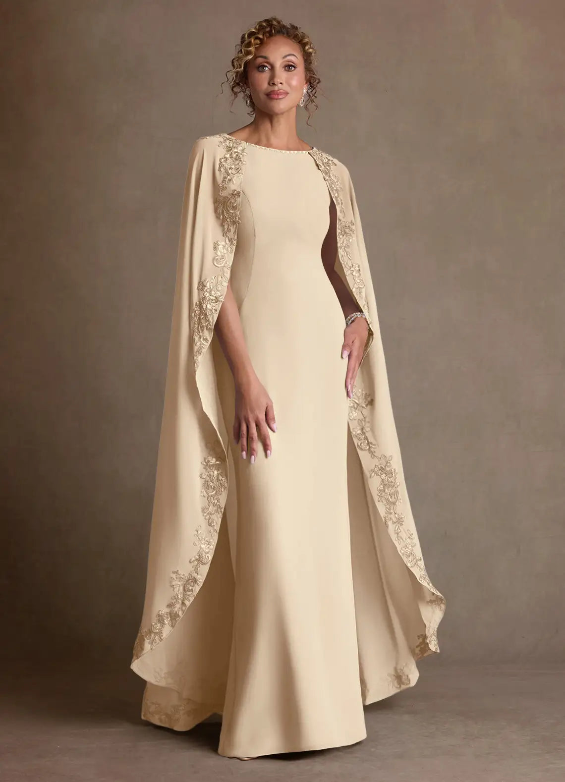 Elegant Sheath Boat Neck Chiffon Maxi Cape Sleeve Formal Mother of the Bride Dress