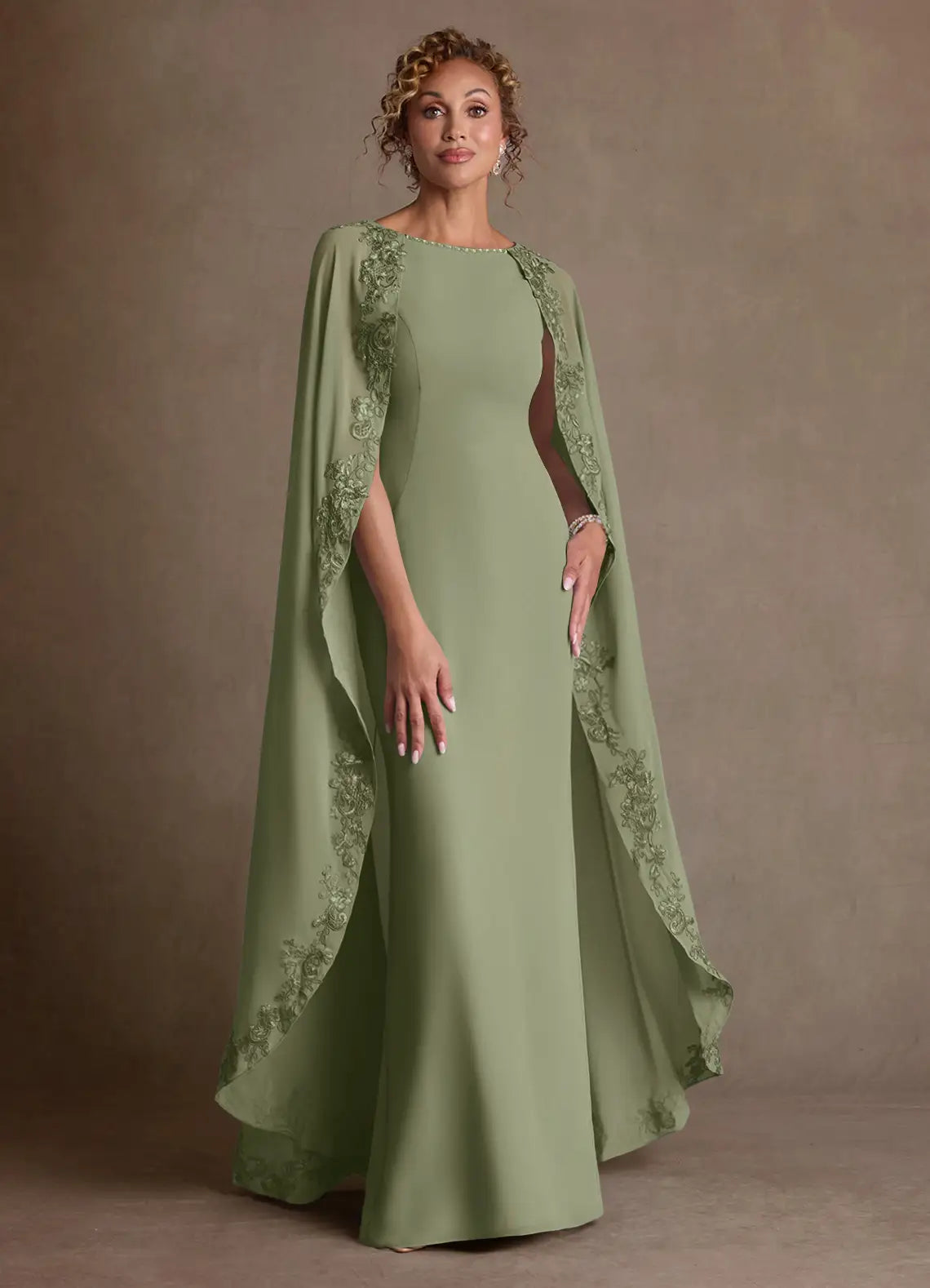 Elegant Sheath Boat Neck Chiffon Maxi Cape Sleeve Formal Mother of the Bride Dress