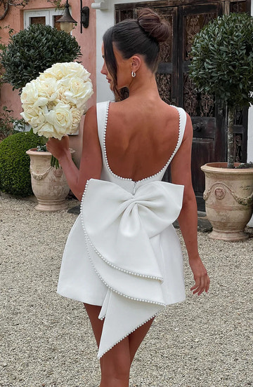 Elegant Structured Boat-Neck Crepe Mini Bow Wedding Guest Evening Dress