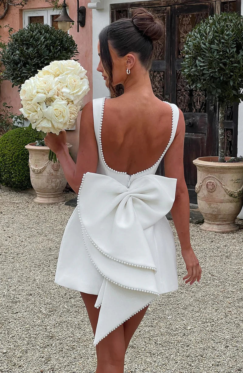 Elegant Structured Boat-Neck Crepe Mini Bow Wedding Guest Evening Dress
