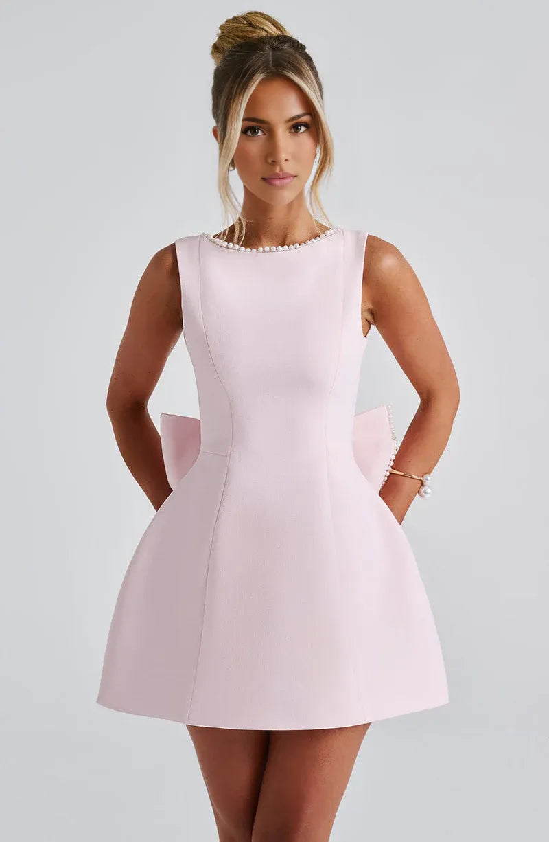 Elegant Structured Boat-Neck Crepe Mini Bow Wedding Guest Evening Dress