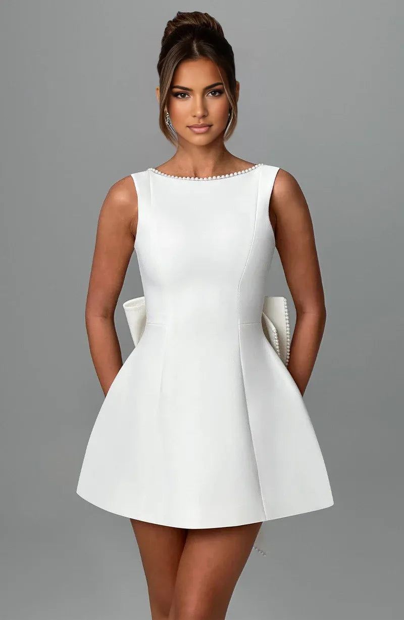 Elegant Structured Boat-Neck Crepe Mini Bow Wedding Guest Evening Dress