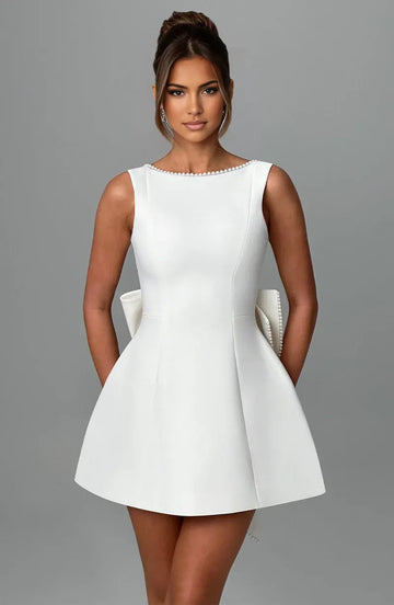 Elegant Structured Boat-Neck Crepe Mini Bow Wedding Guest Evening Dress