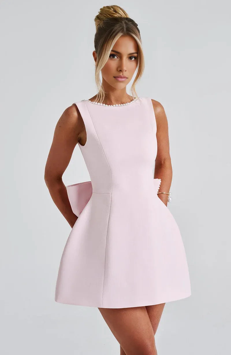 Elegant Structured Boat-Neck Crepe Mini Bow Wedding Guest Evening Dress