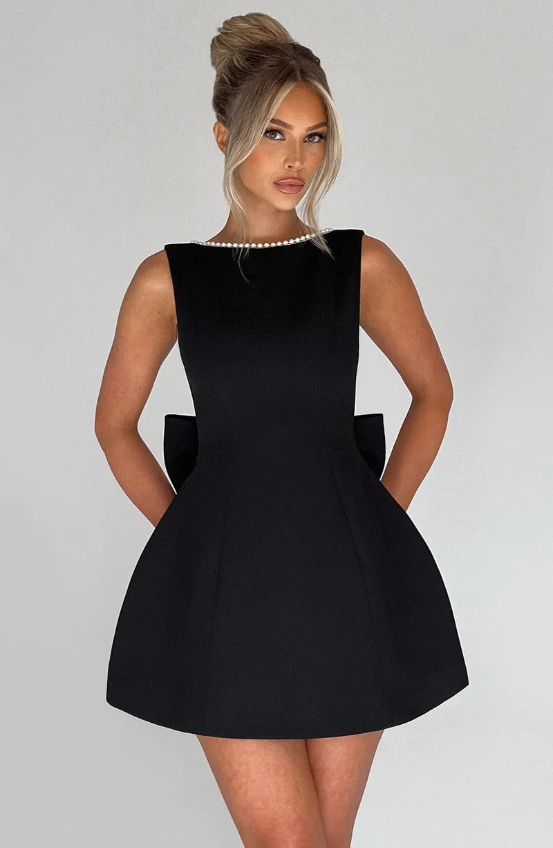 Elegant Structured Boat-Neck Crepe Mini Bow Wedding Guest Evening Dress