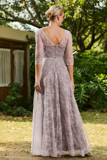 Illusion Neck Three-Quarter Sleeve Lace Wedding Guest Dress A-Line Formal Gown