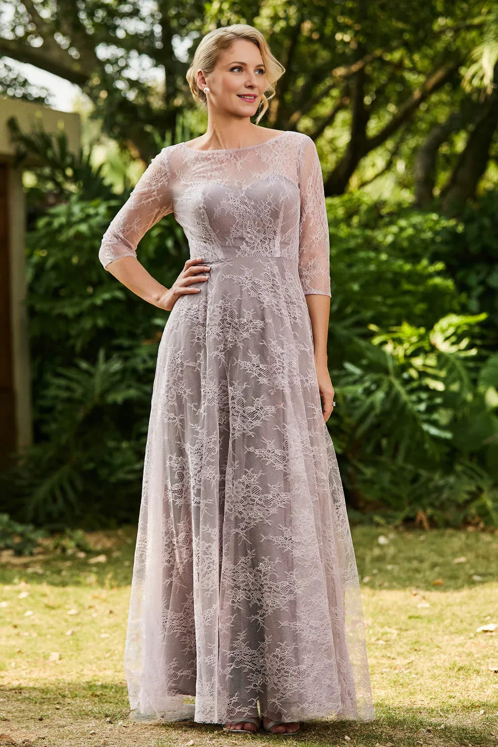 Illusion Neck Three-Quarter Sleeve Lace Wedding Guest Dress A-Line Formal Gown