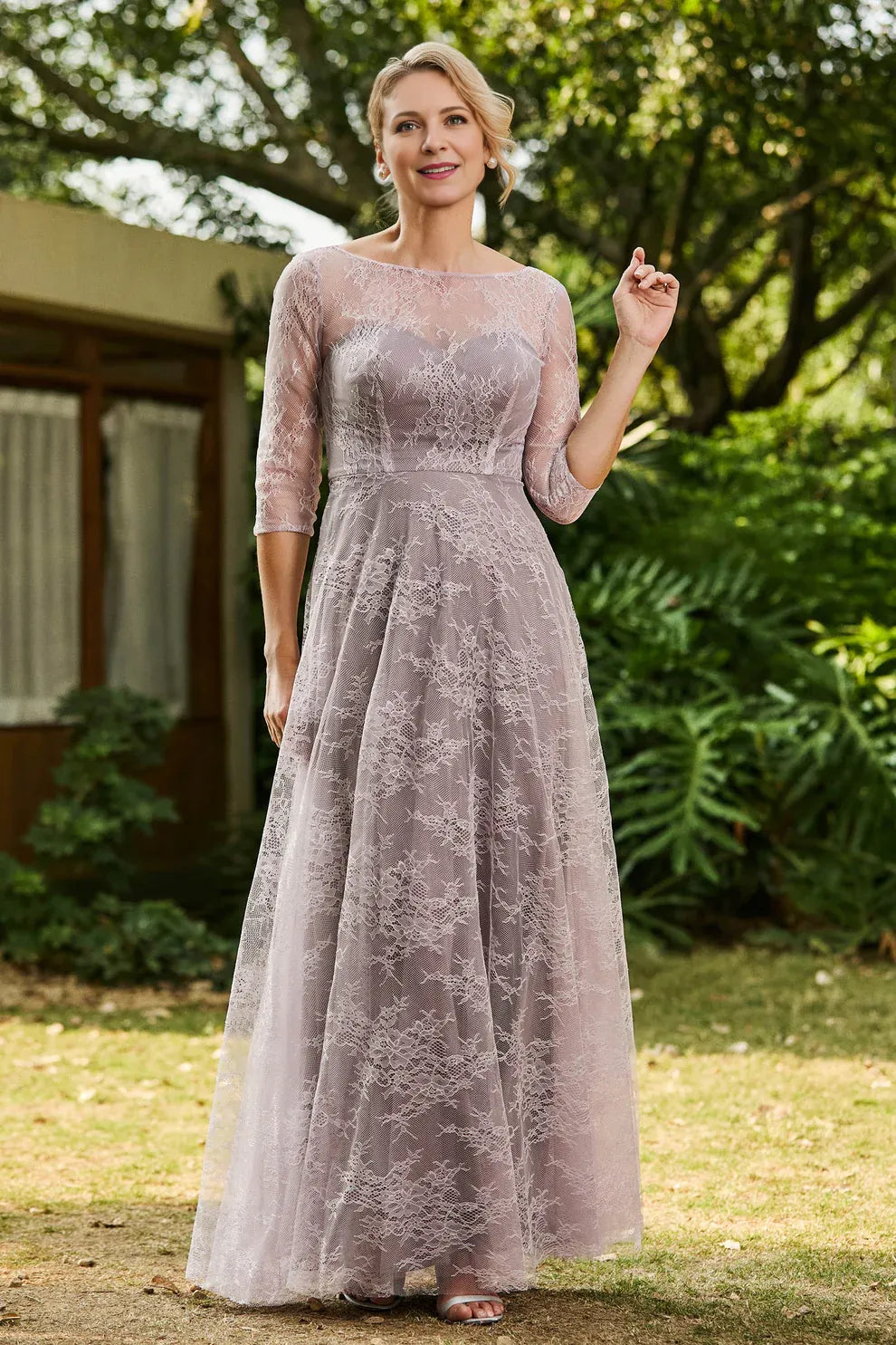 Illusion Neck Three-Quarter Sleeve Lace Wedding Guest Dress A-Line Formal Gown