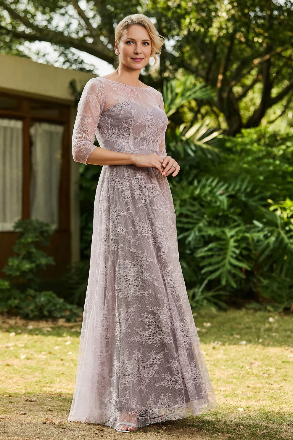 Illusion Neck Three-Quarter Sleeve Lace Wedding Guest Dress A-Line Formal Gown