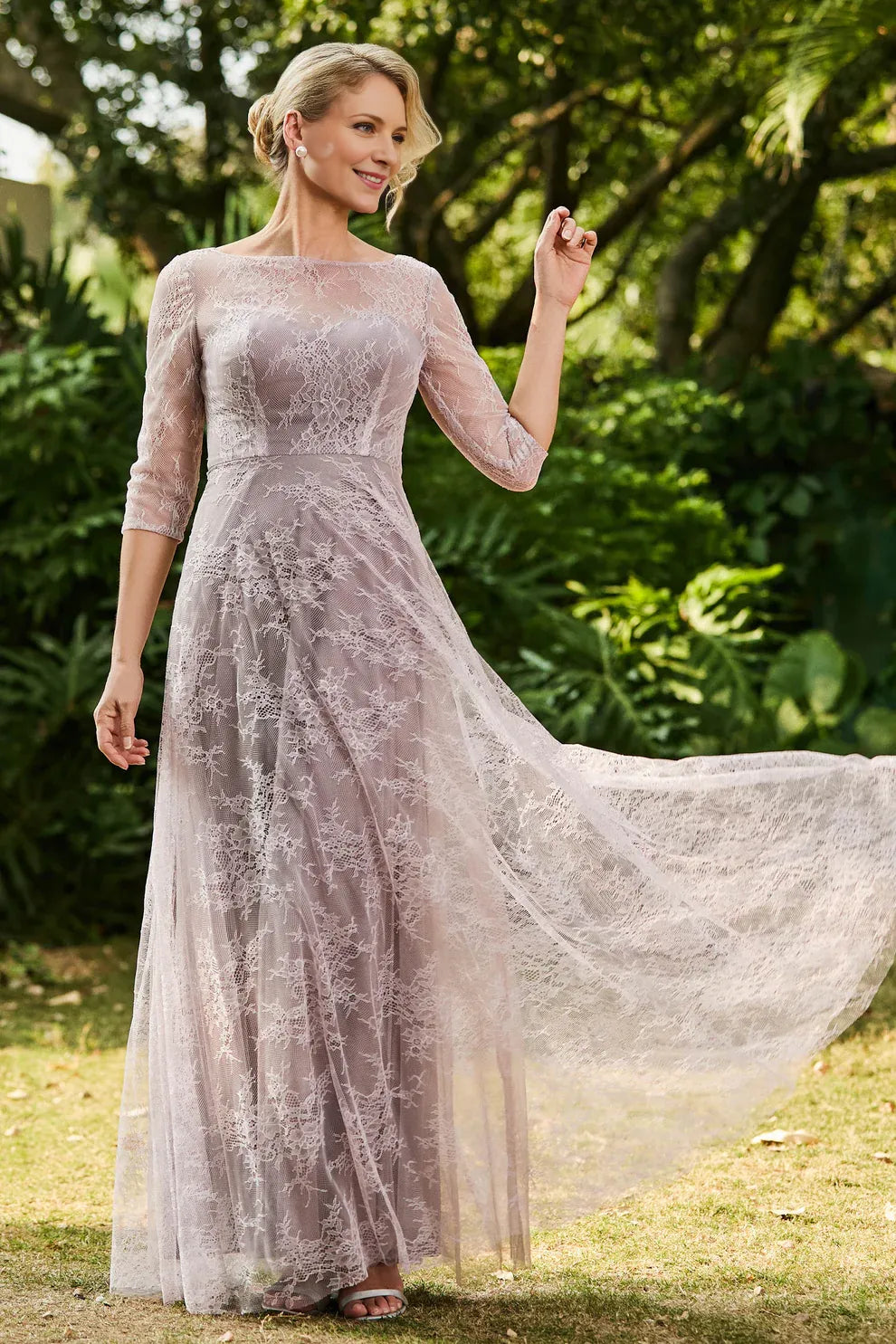 Illusion Neck Three-Quarter Sleeve Lace Wedding Guest Dress A-Line Formal Gown