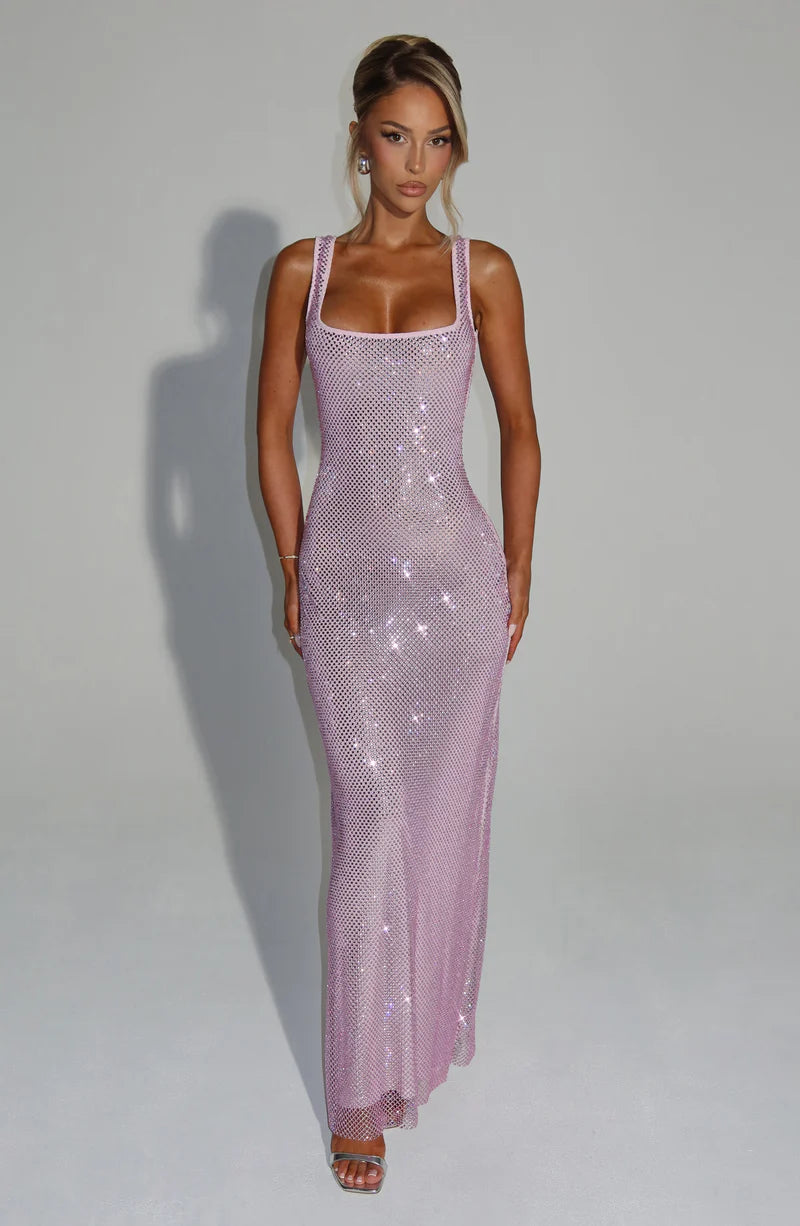 Glamorous Bodycon Square Neck Maxi Dress with Shiny Mesh Detailing Evening Dress