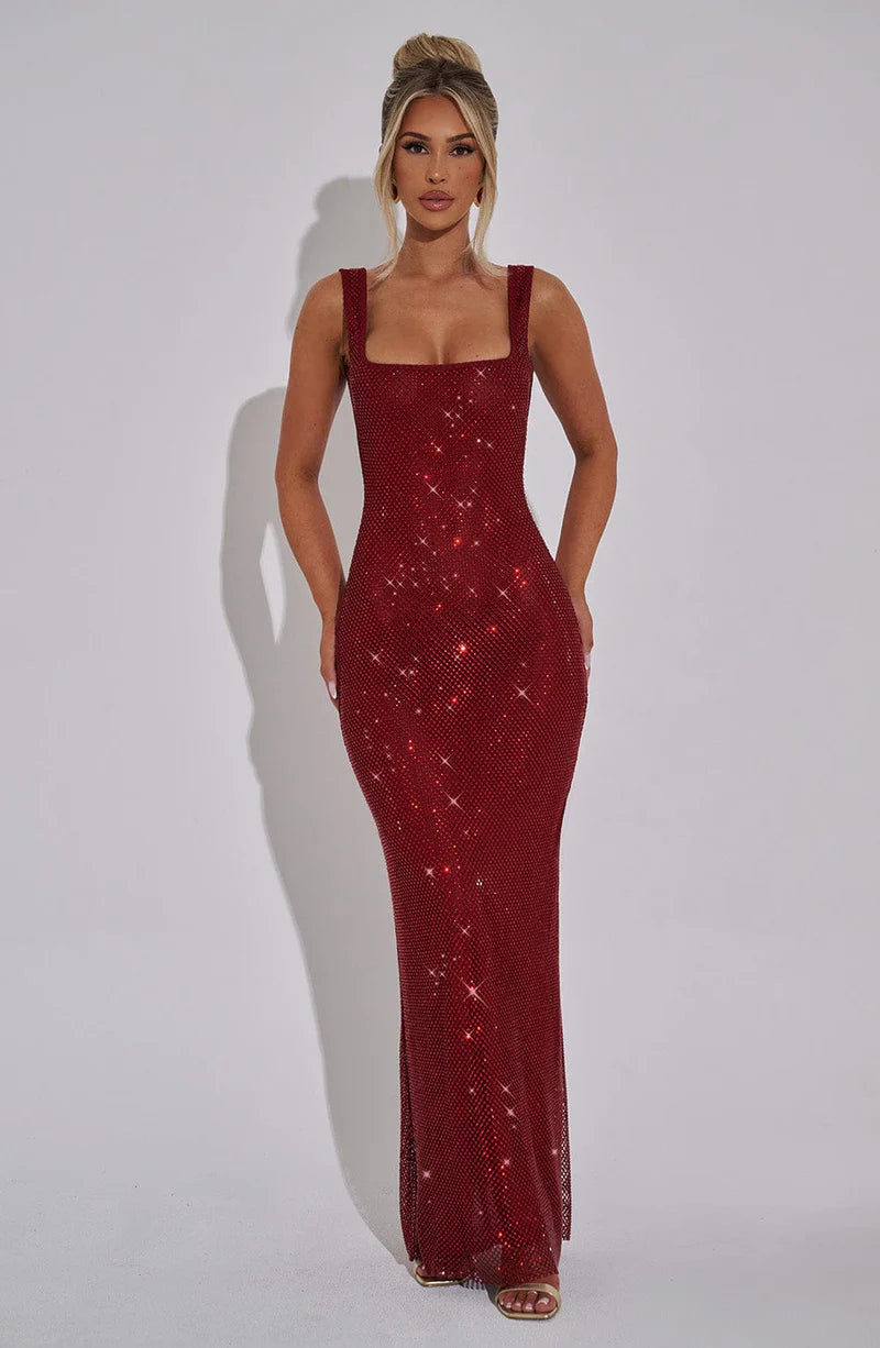 Glamorous Bodycon Square Neck Maxi Dress with Shiny Mesh Detailing Evening Dress