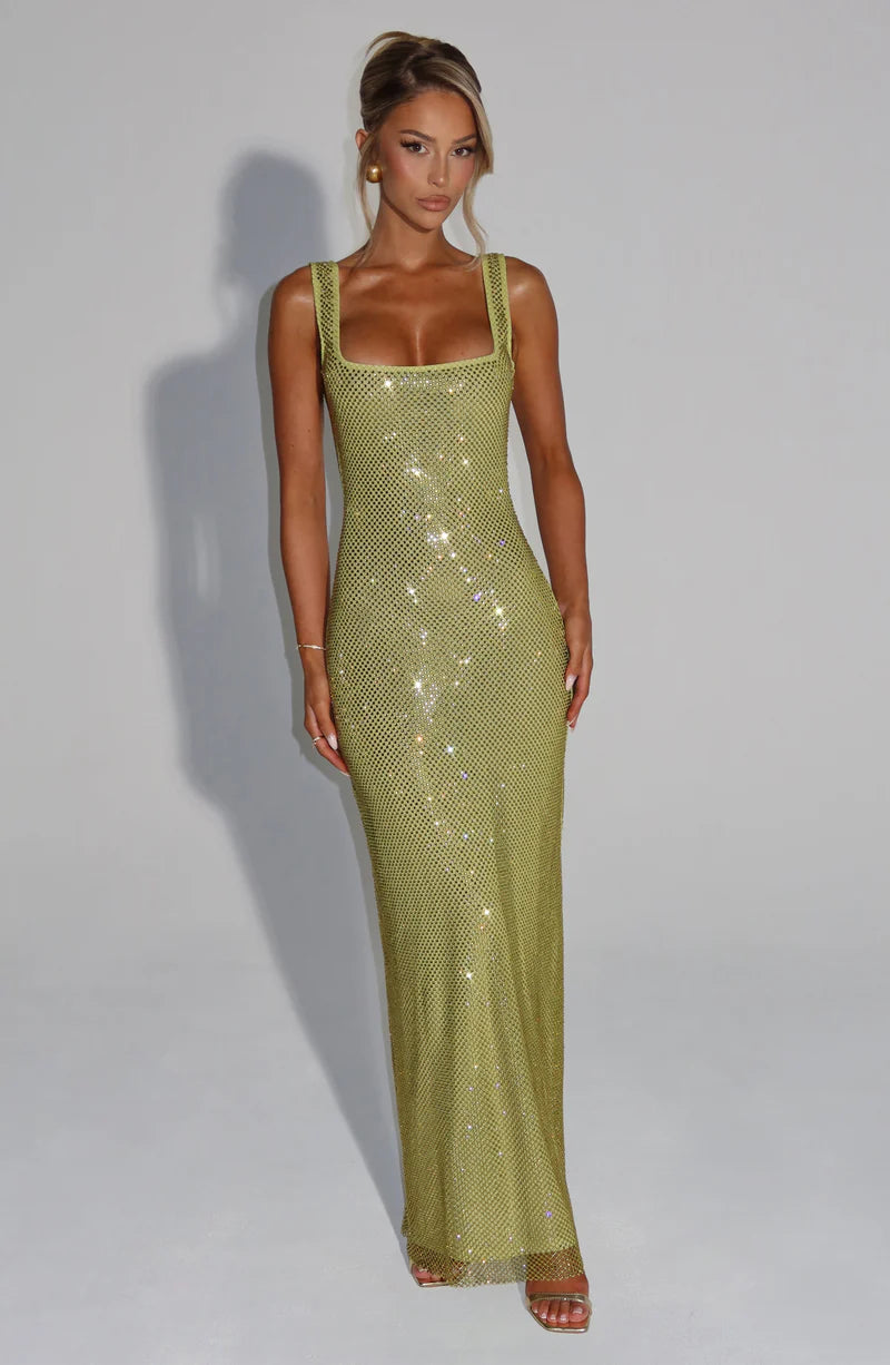 Glamorous Bodycon Square Neck Maxi Dress with Shiny Mesh Detailing Evening Dress